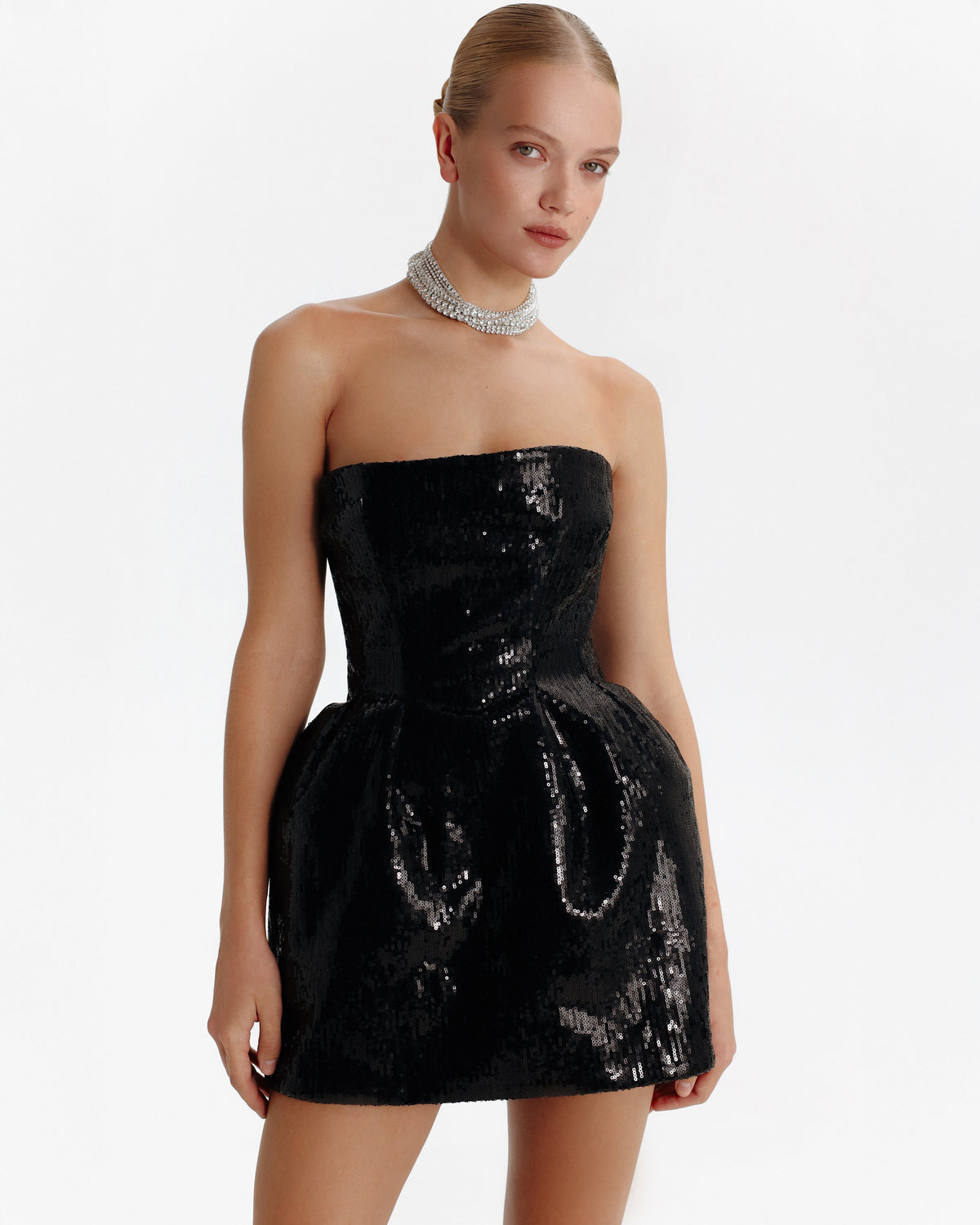 Straight Neck Waist Hip Black Sequin Dress