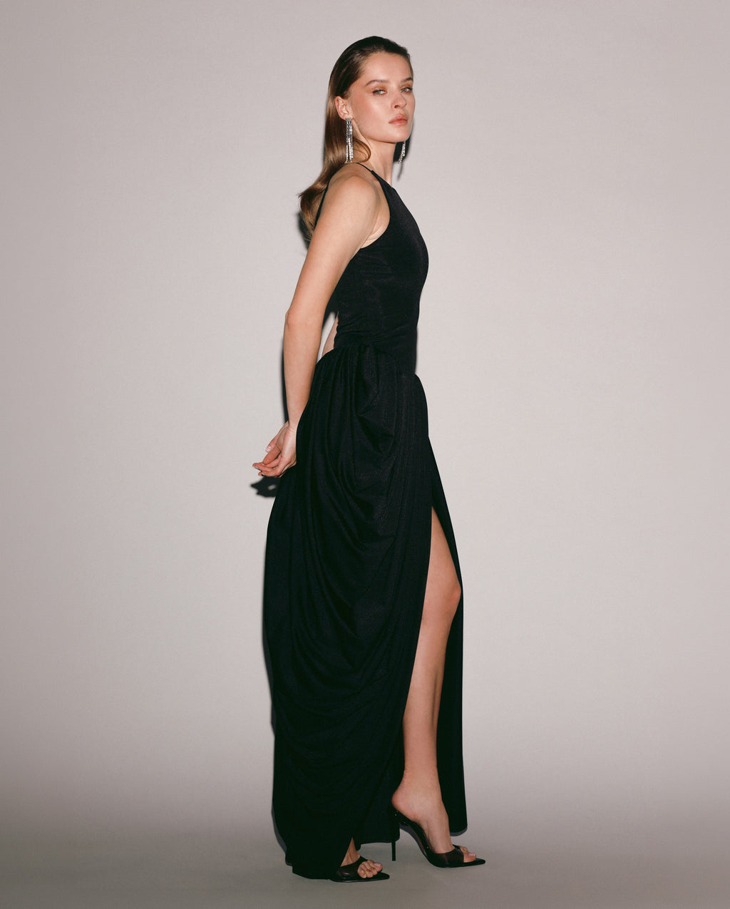 Draped Shaping Slit Evening Maxi Dress