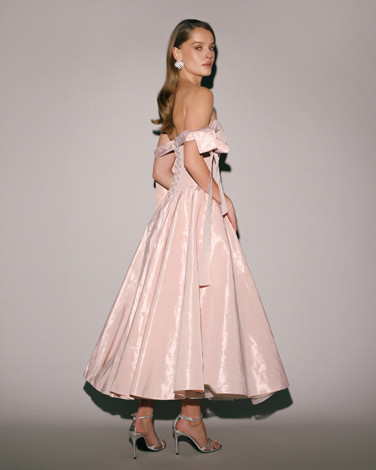 Misty Rose Pearlescent Taffeta Bow Midi Dress