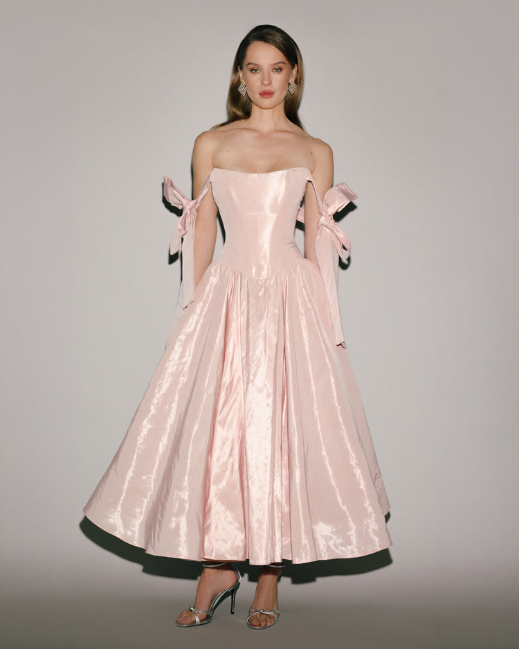 Misty Rose Pearlescent Taffeta Bow Midi Dress