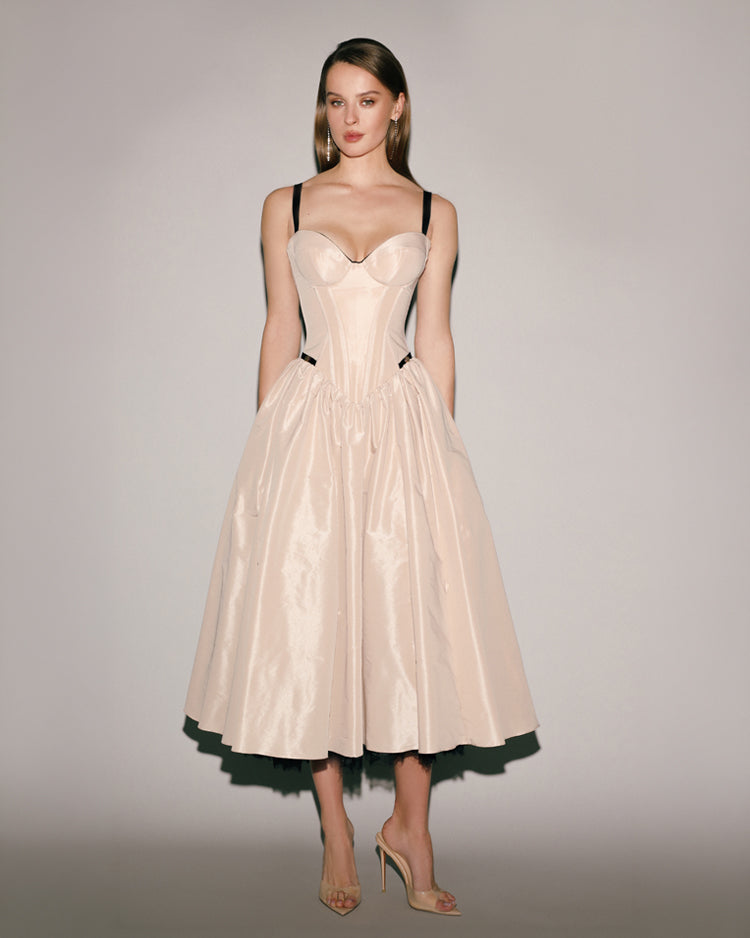 Nude Black Contrast Taffeta Corset Midi Dress