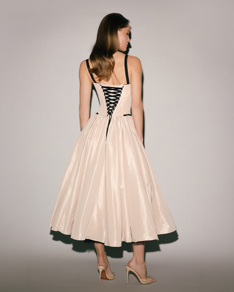 Nude Black Contrast Taffeta Corset Midi Dress