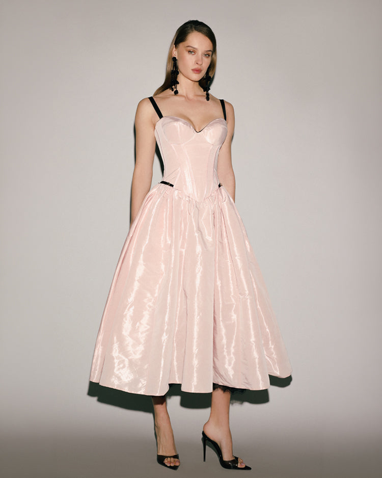 Blush Black Contrast Taffeta Corset Midi Dress