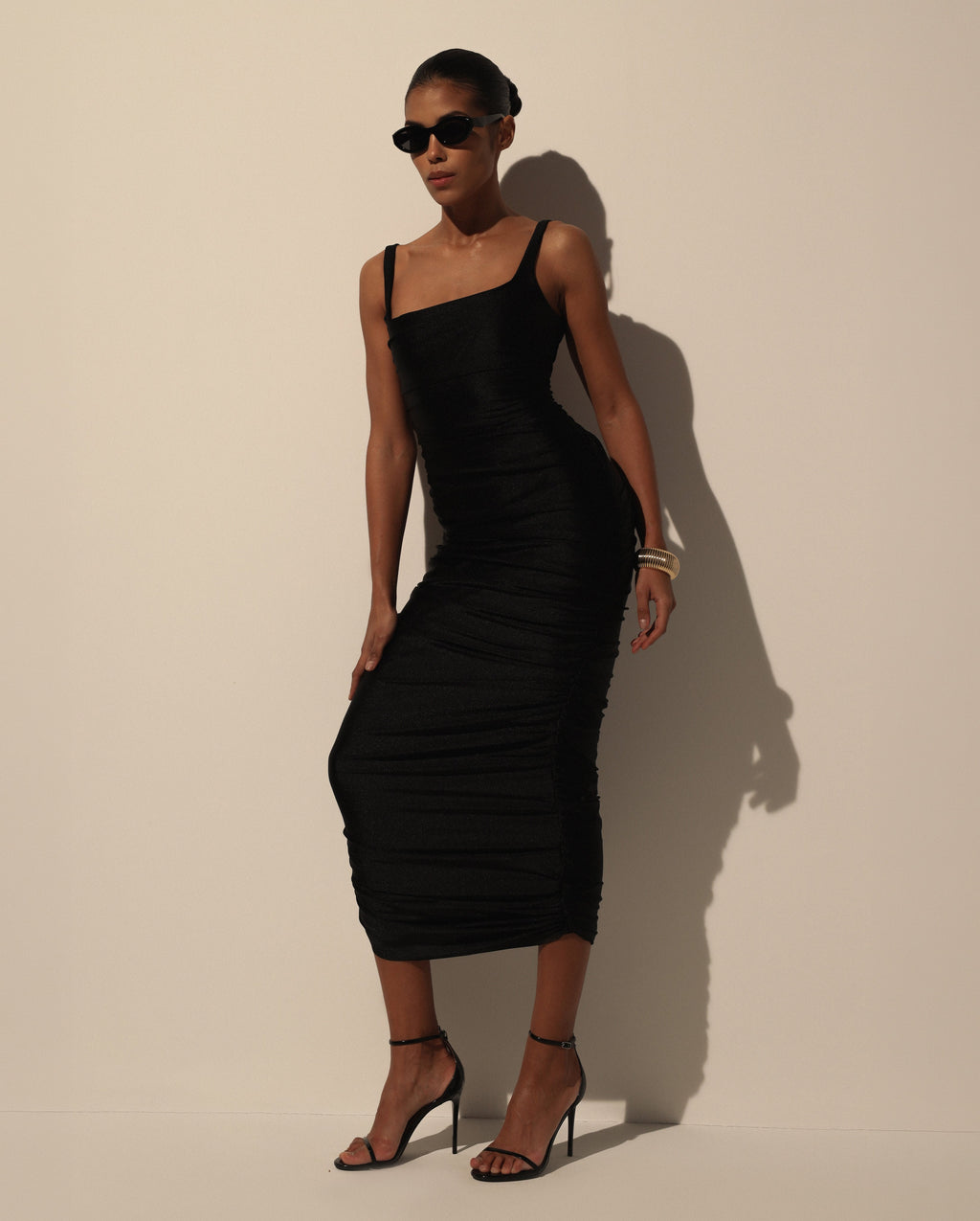 Stretch Fabric Draped Fitted Midi Dress