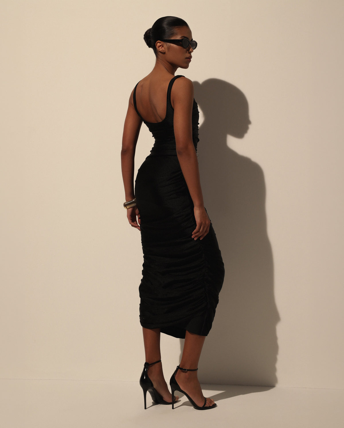 Stretch Fabric Draped Fitted Midi Dress