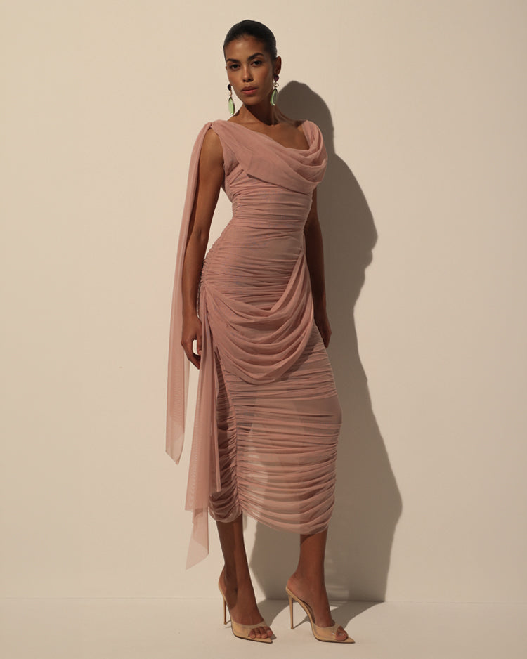 Tea Rose Smoky Mesh V Neck Midi Dress