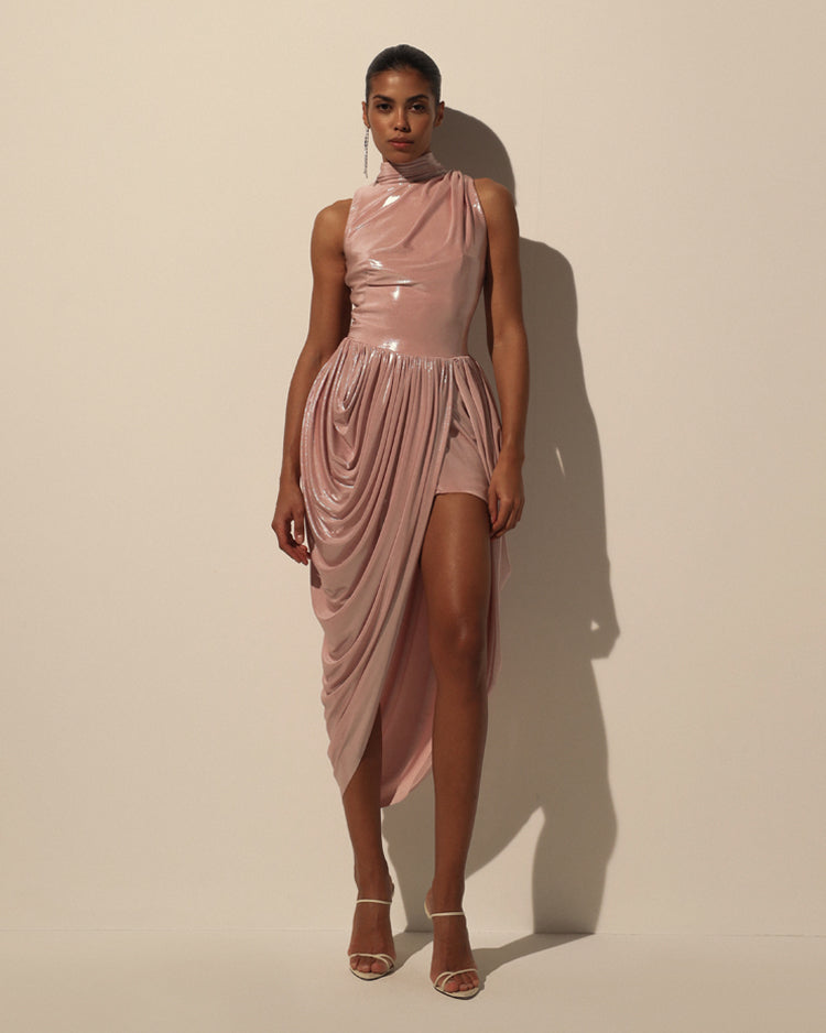 Rose Gold Velvet Halter Midi Dress