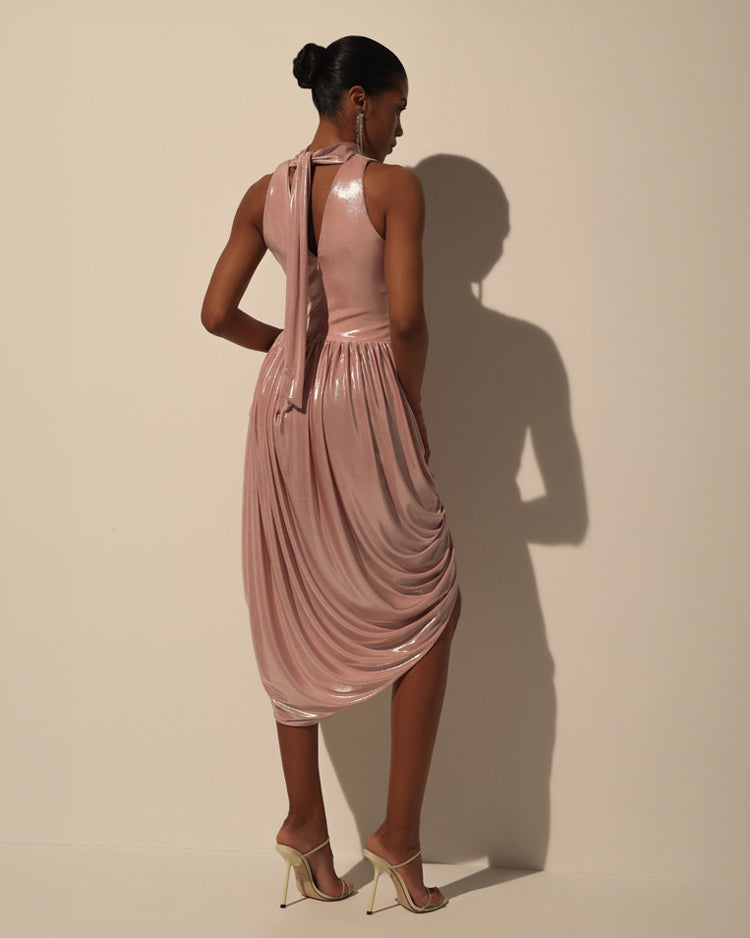 Rose Gold Velvet Halter Midi Dress