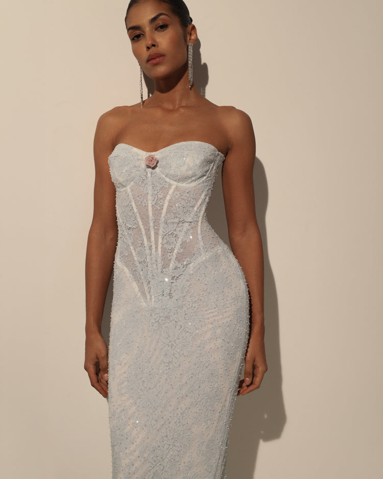Light Blue Bead Embroidery Lace Corset Midi Dress
