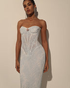 Light Blue Bead Embroidery Lace Corset Midi Dress