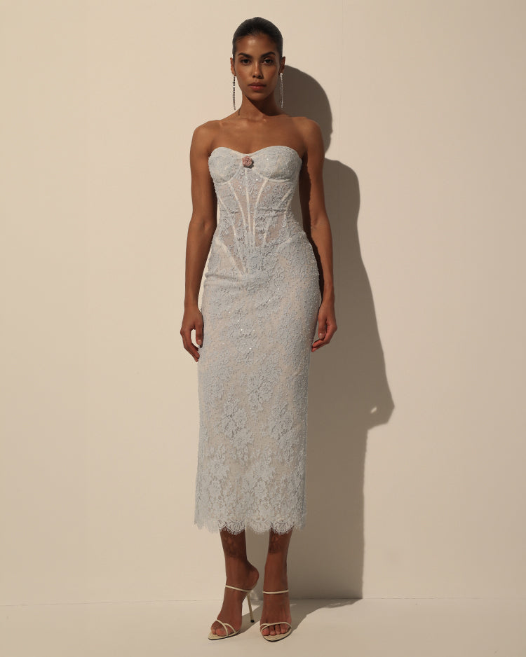 Light Blue Bead Embroidery Lace Corset Midi Dress