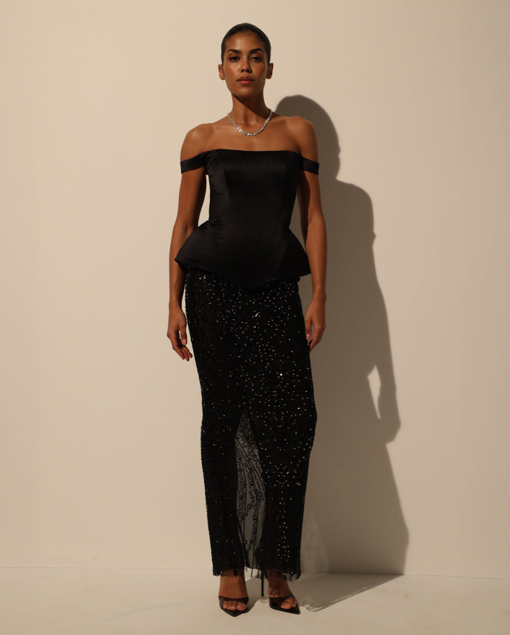Black Sequin Lace Embroidered Maxi Skirt