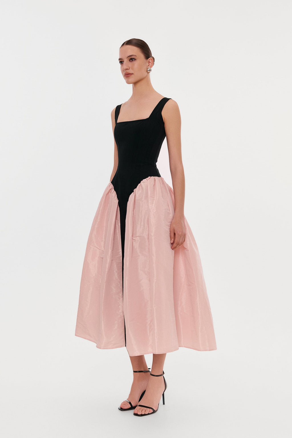 Black-Pink Stretch-Mesh Square-Neck Corset Midi Dress