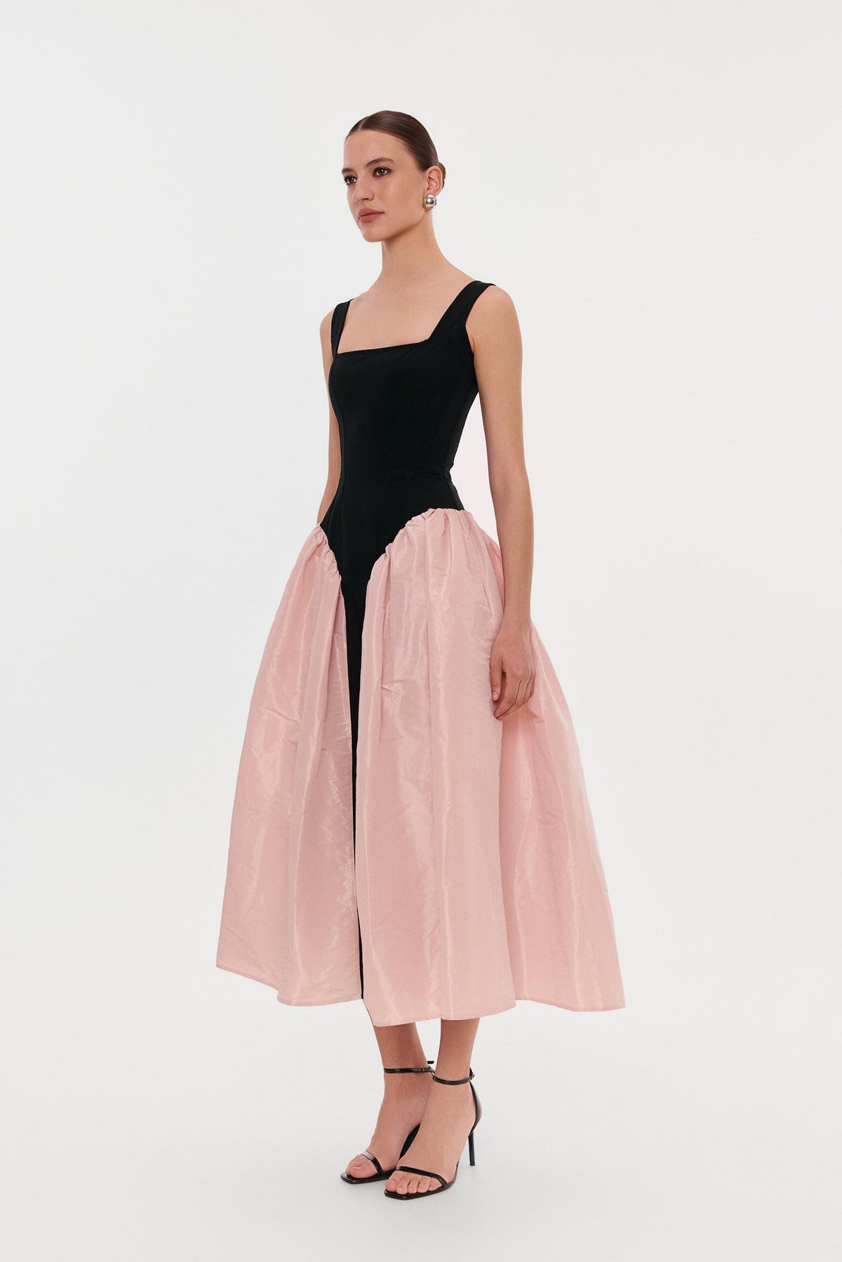 Black-Pink Stretch-Mesh Square-Neck Corset Midi Dress
