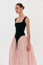 Black-Pink Stretch-Mesh Square-Neck Corset Midi Dress