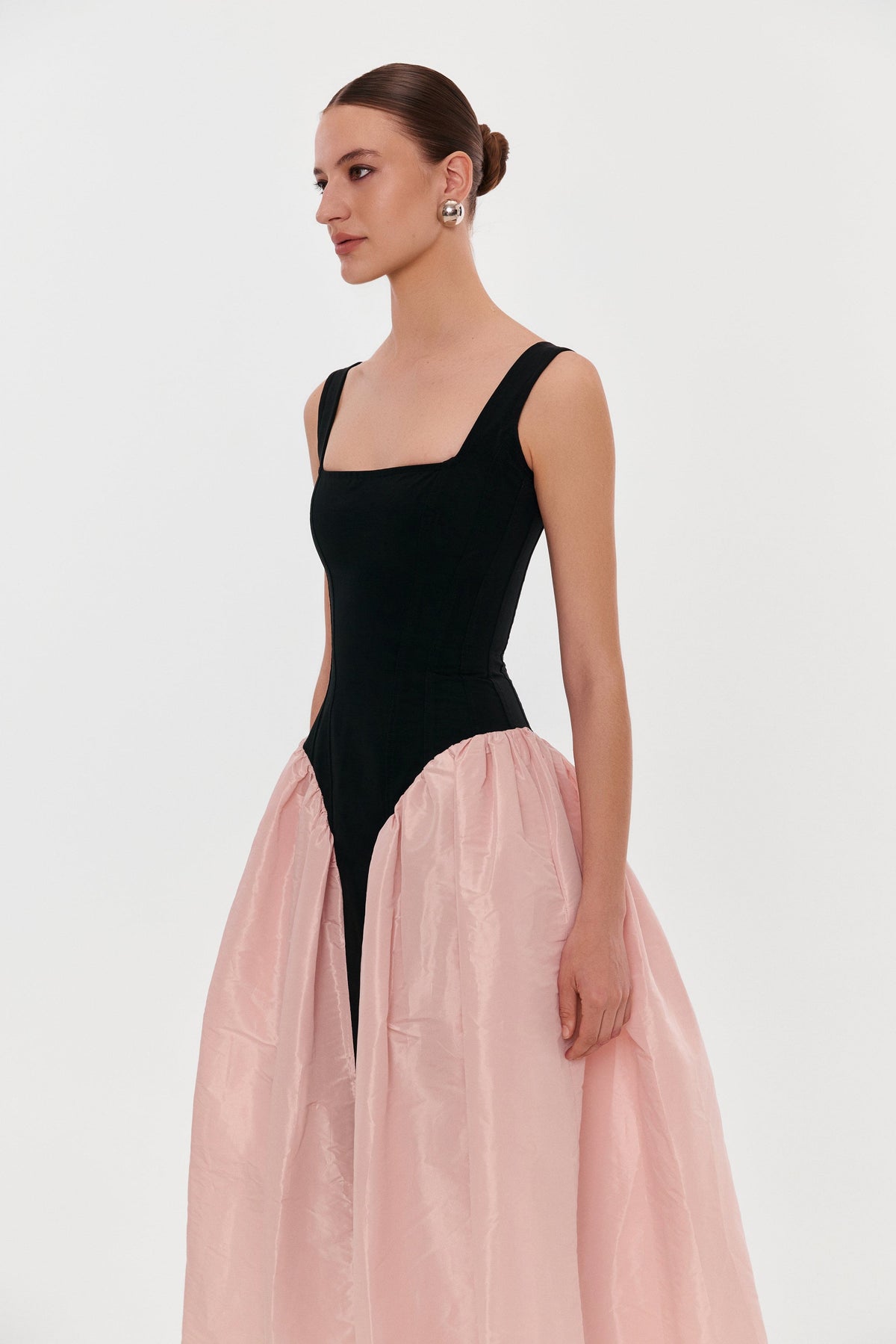 Black-Pink Stretch-Mesh Square-Neck Corset Midi Dress