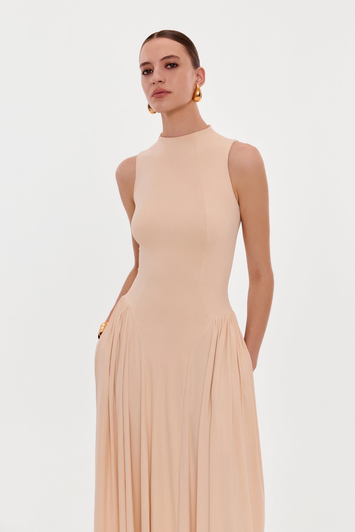 Fitted-Pleated A-Line Nude Formal Dress
