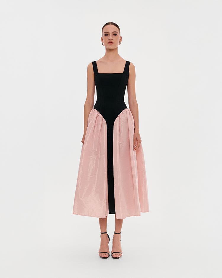 Black-Pink Stretch-Mesh Square-Neck Corset Midi Dress