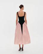 Black-Pink Stretch-Mesh Square-Neck Corset Midi Dress