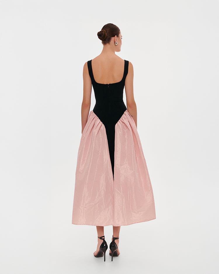 Black-Pink Stretch-Mesh Square-Neck Corset Midi Dress