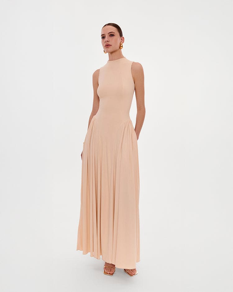 Fitted-Pleated A-Line Nude Formal Dress