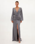 Dusty-Blue Silk Wrap-V-Neck Long-Sleeve Maxi Dress