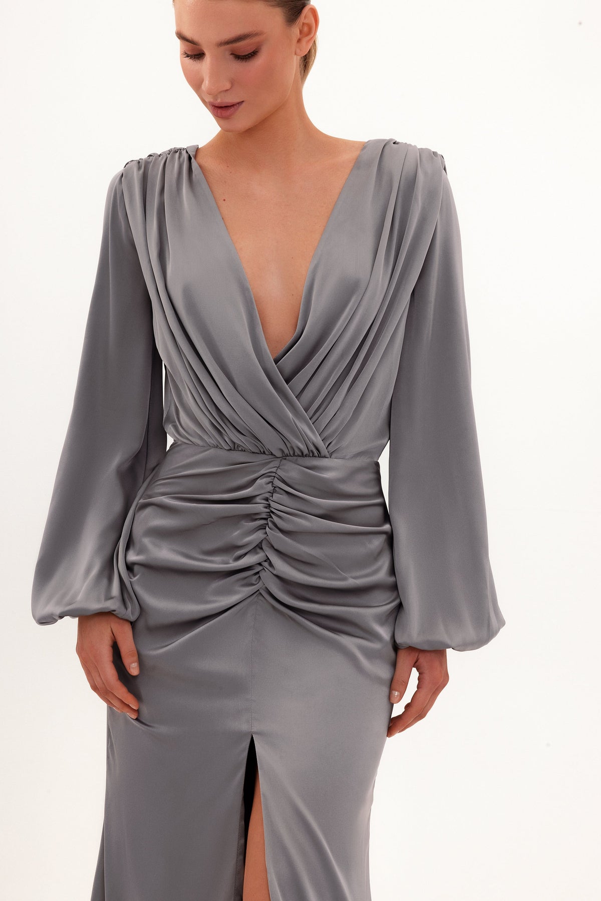 Dusty-Blue Silk Wrap-V-Neck Long-Sleeve Maxi Dress
