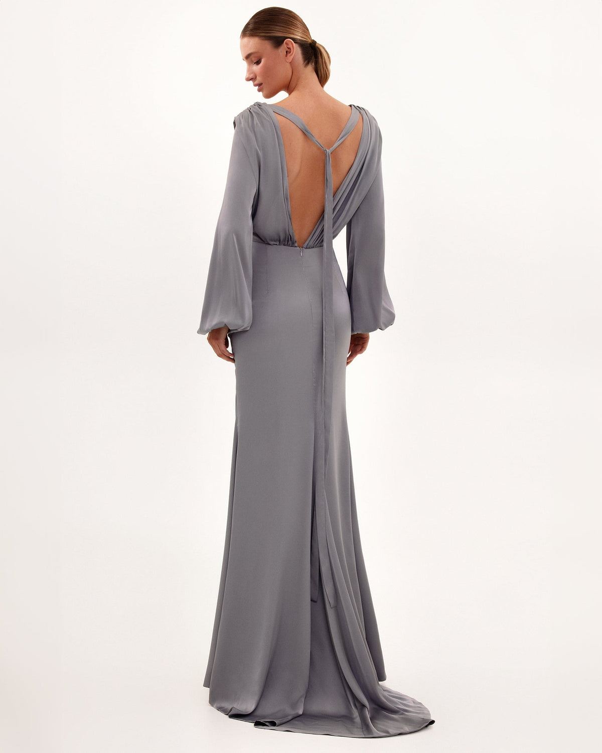 Dusty-Blue Silk Wrap-V-Neck Long-Sleeve Maxi Dress