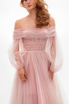 Misty-Rose Tulle Prom Evening Dress