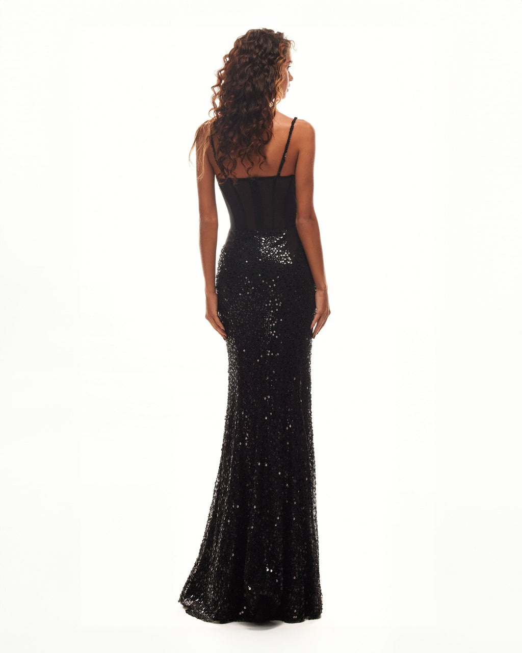 Black Sequin Spaghetti-Strap Sheer Mermaid Gown