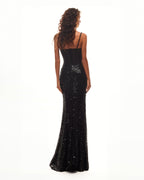 Black Sequin Spaghetti-Strap Sheer Mermaid Gown